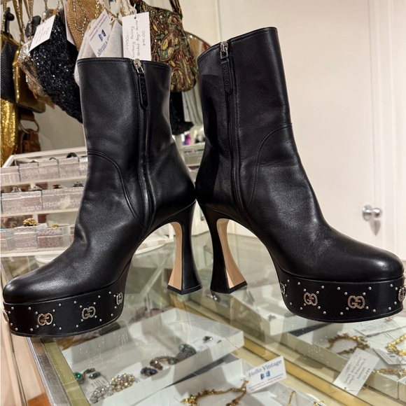 Gucci Janaya Black Leather Silver GG Logo Hourglass Heel Ankle Boots EU40 / US 9 - Picture 4 of 10